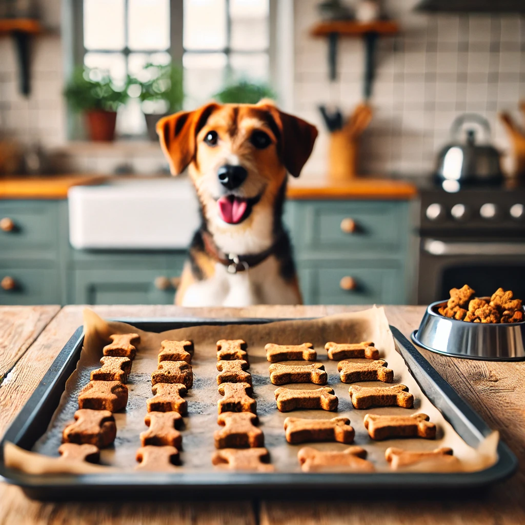 DALL·E 2024 10 14 23.04.31 A cozy kitchen scene featuring a baking sheet of freshly baked dog treats on the counter. In the background a happy dog is waiting eagerly but there