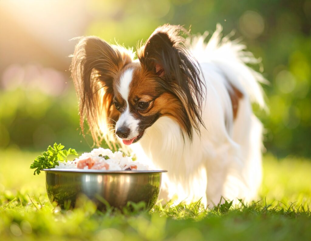Dog with healthy digestion eating gentle chicken and rice formula for digestive problems