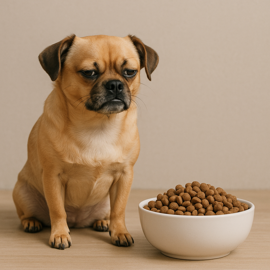 Dog won't eat kibble sitting next to food bowl looking disinterested
